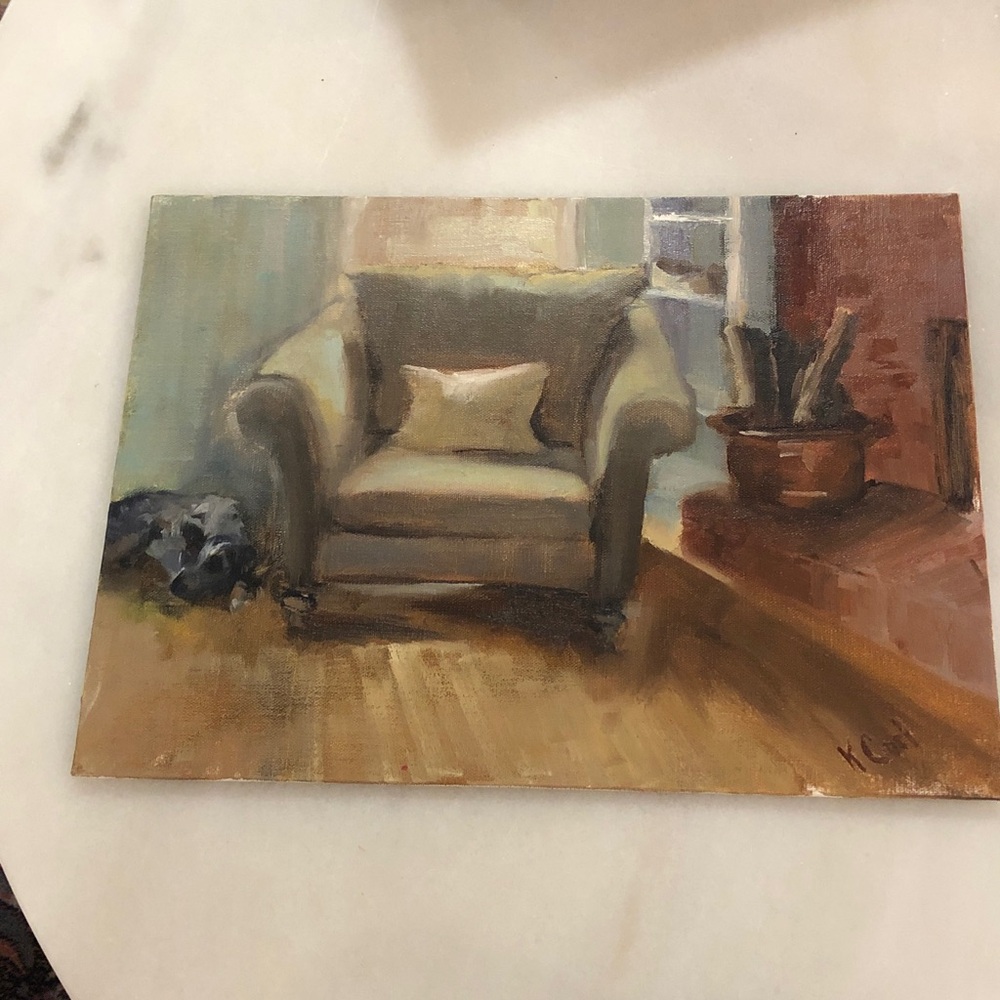 Muted Green Armchair Home Art Painting by Original renowned Artist Kathy Carl.